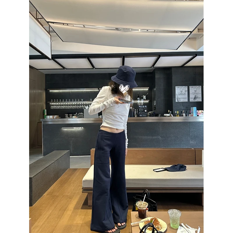 秋冬美式休闲低腰修身显瘦微喇叭藏青色松紧腰休闲裤拖地裤  z200