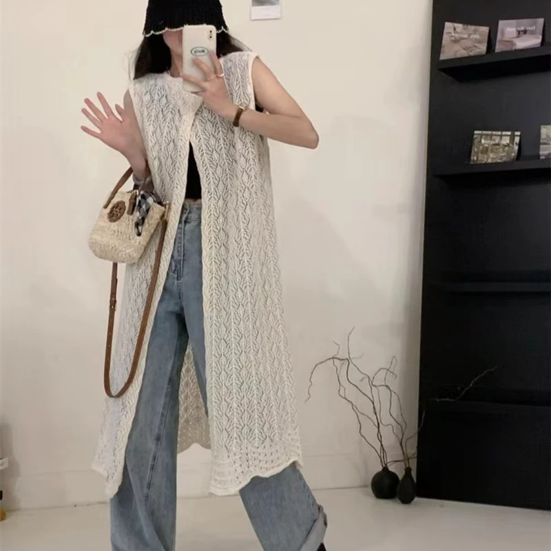 针织背心镂空女夏新款小众设计时尚开叉外搭叠穿蕾丝中长款长裙