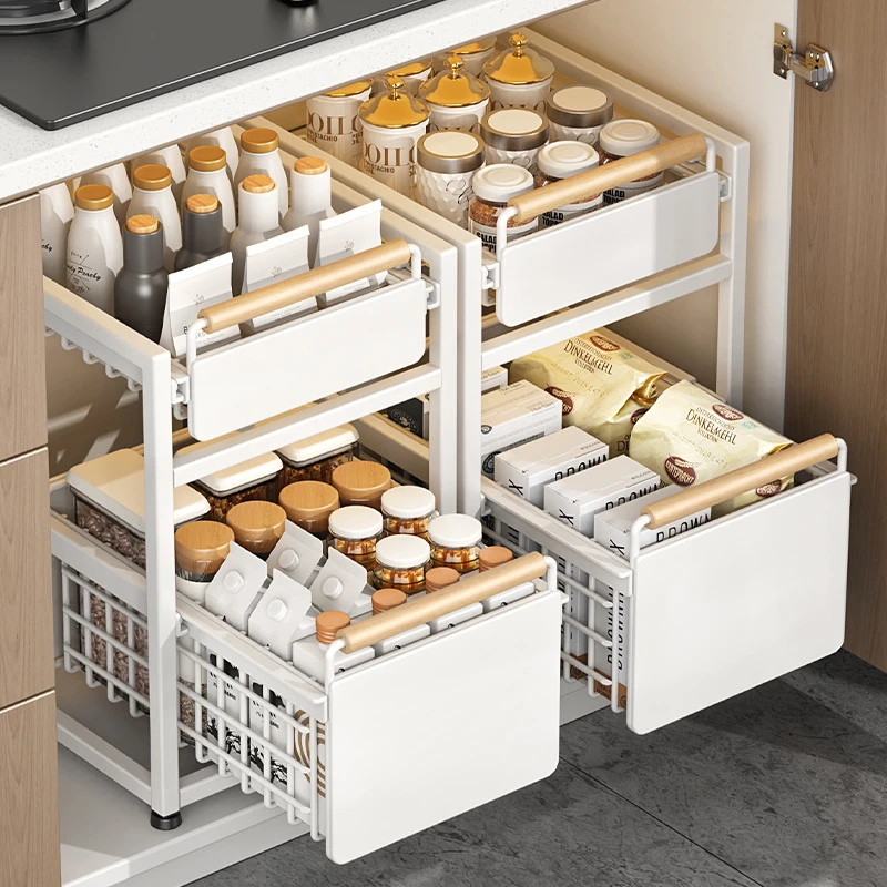 厨房下水槽置物架橱柜内调味料碗碟分层架多功能抽拉式拉篮收纳架