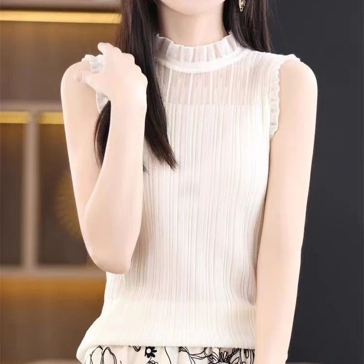 2023春装新款欧根纱木耳领背心女性感半高领内搭打底无袖针织衫