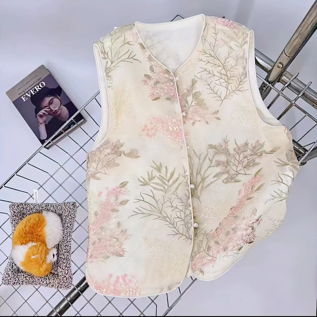 2024新款夏季国风上衣马甲新中式立领绣花薄款双层马夹女装