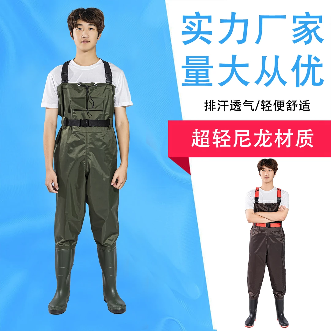 出口防水尼龙下水裤超轻连体下水裤耐磨加固鞋底