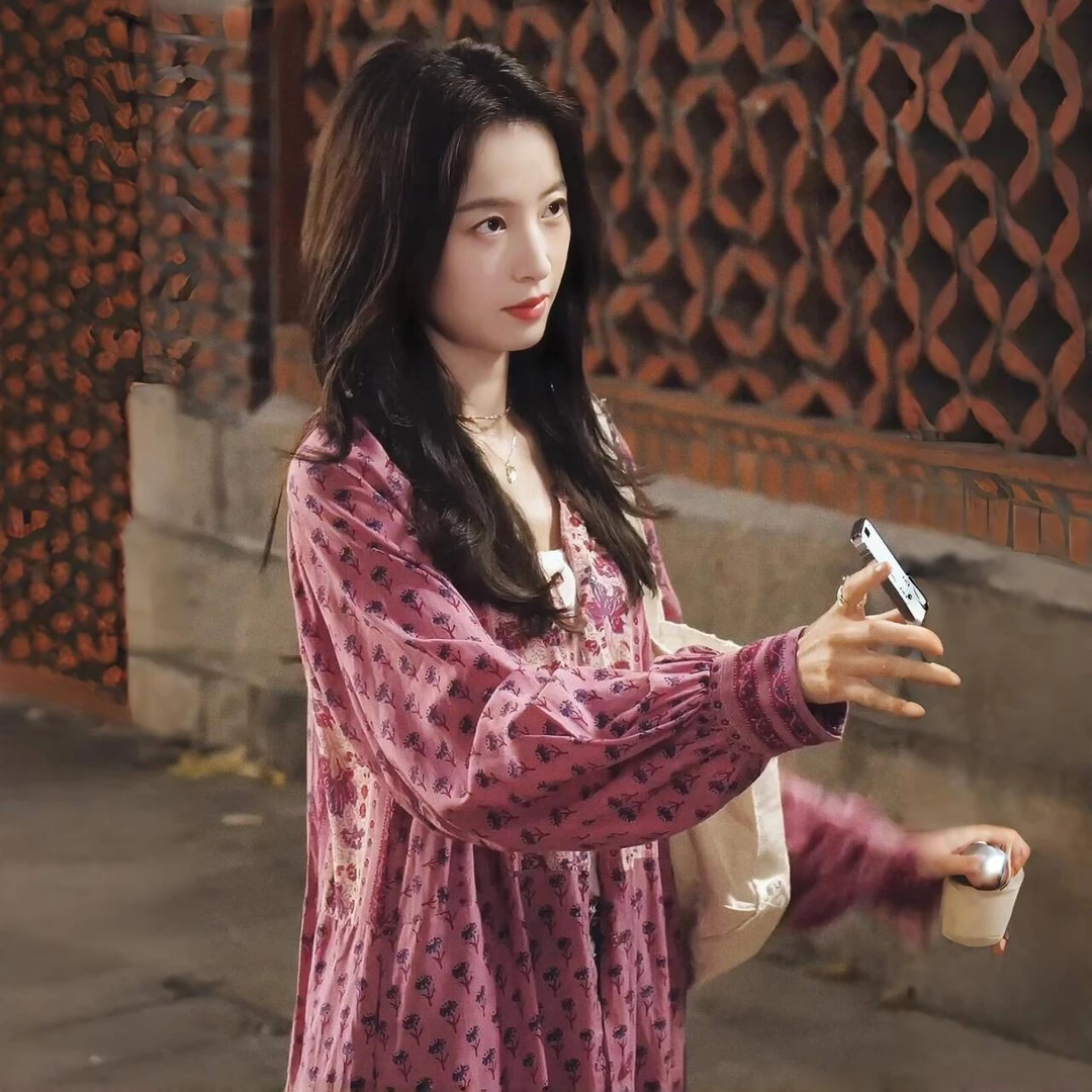 春色寄情人周雨彤庄洁同款粉色复古碎花连衣裙系带开衫中长款裙子