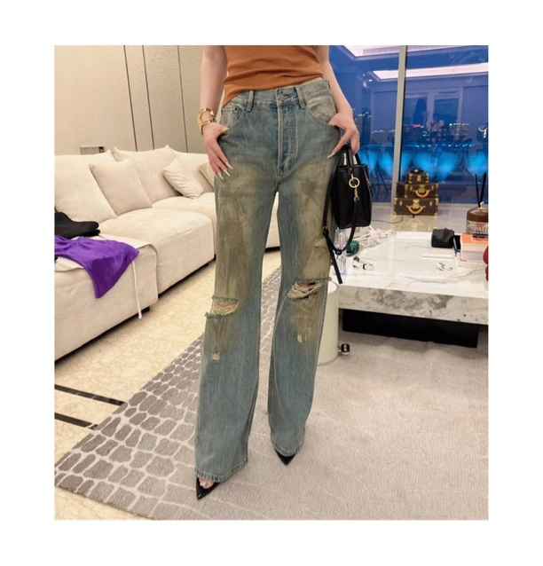 元林【脏脏裤】做旧水洗染色显瘦破洞直筒牛仔裤X0016KZ