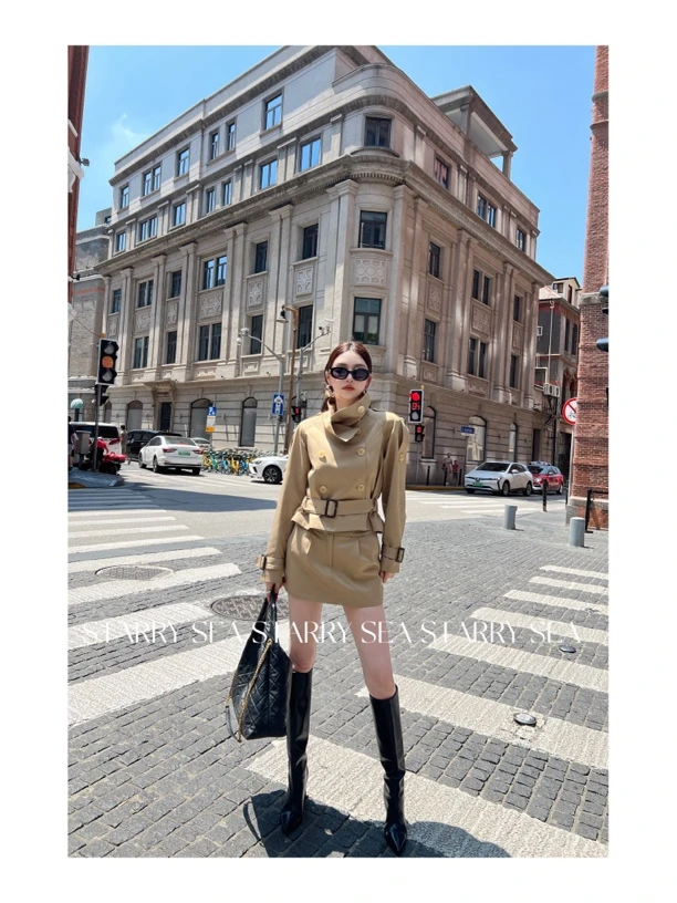 元林【张弛有度】福利高领双排扣收腰短款风衣套装#X0014TZ