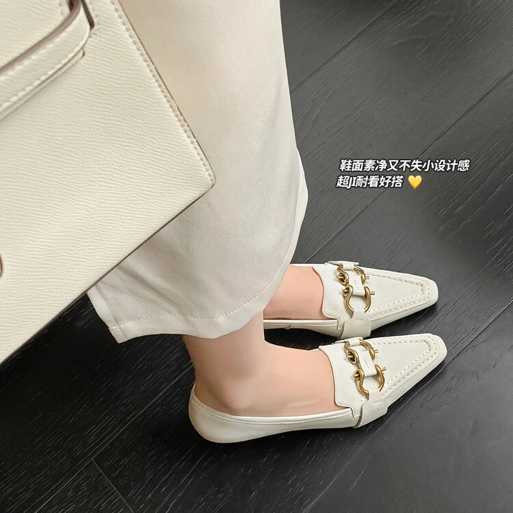 深口单鞋2024年夏季简约金属百搭时尚真皮方头法式英伦风设计感