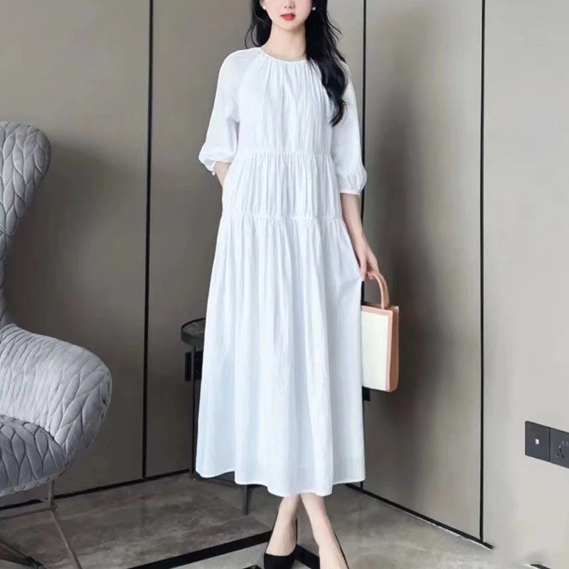 【商场同款】新款女装2025夏气质显瘦收腰宽松洋气中袖长款连衣裙女