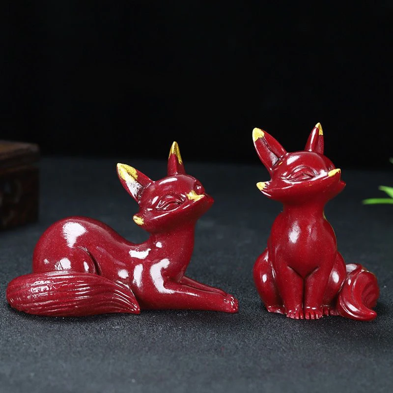 朱砂狐狸摆件情侣雕刻手把工艺品客厅装饰家居朱砂桌面玄关摆设