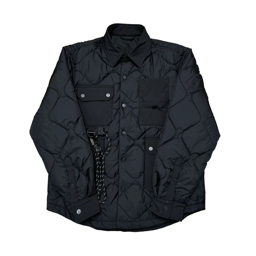 [N]黑色翻领设计款潮流酷感复古菱形格大口袋加棉外套（暖暖冬日