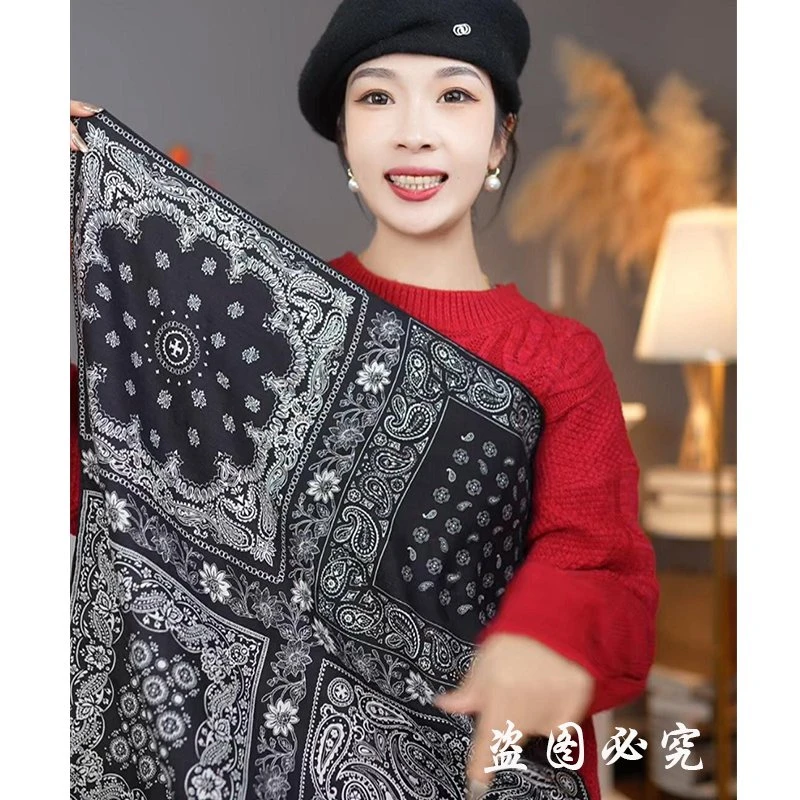【黑拼腰果】 重磅新款方巾真丝羊毛丝巾时尚百搭气质大方黑色女