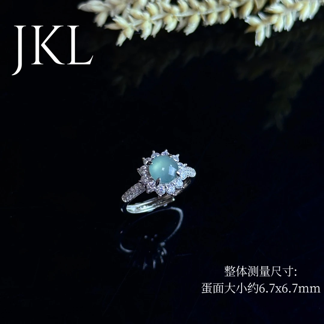 【翡翠源头】天然翡翠A货蓝水大蛋面太阳花气质戒指复古简约戒精致