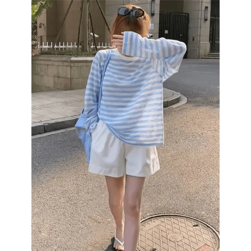 女装夏季新款长袖薄款防晒T恤慵懒休闲条纹T恤搭配百搭休闲短裤