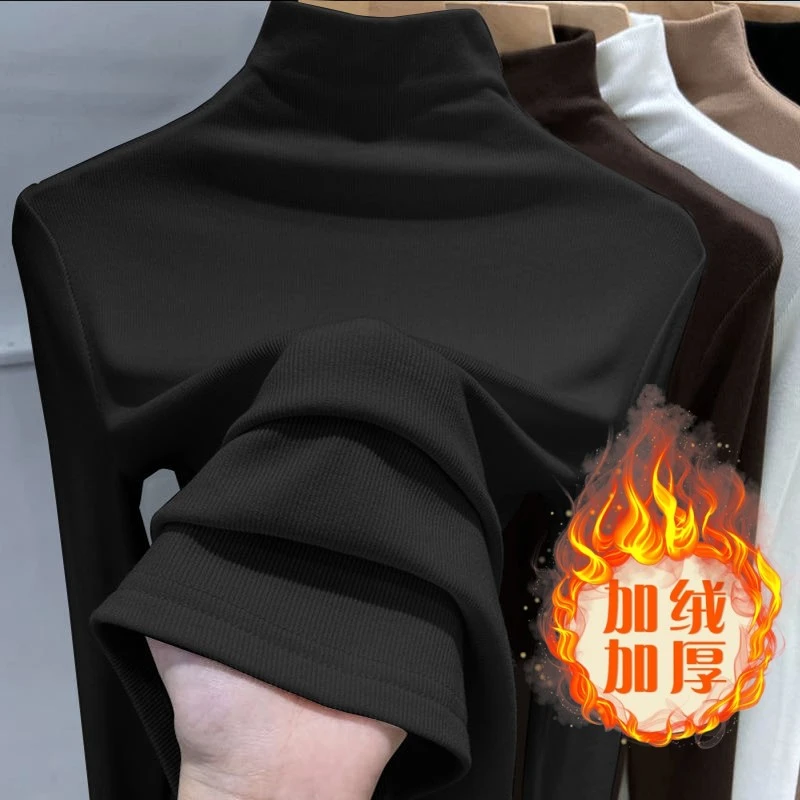 螺纹加绒秋冬半高领打底衫内搭修身保暖显瘦长袖T恤女上衣