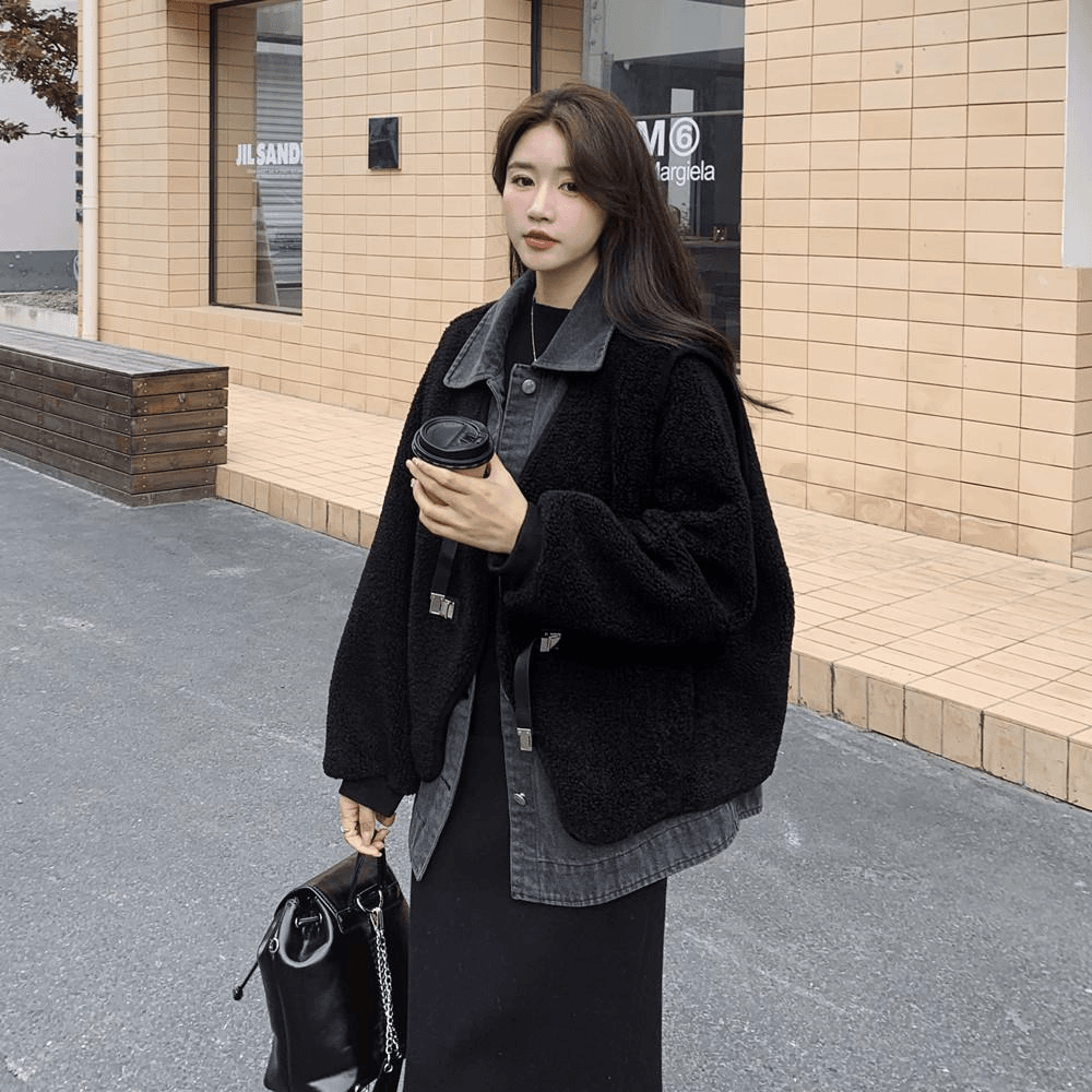 牛仔拼接两件套秋冬季绒外套女秋冬2023新款流行爆款美拉德棉服