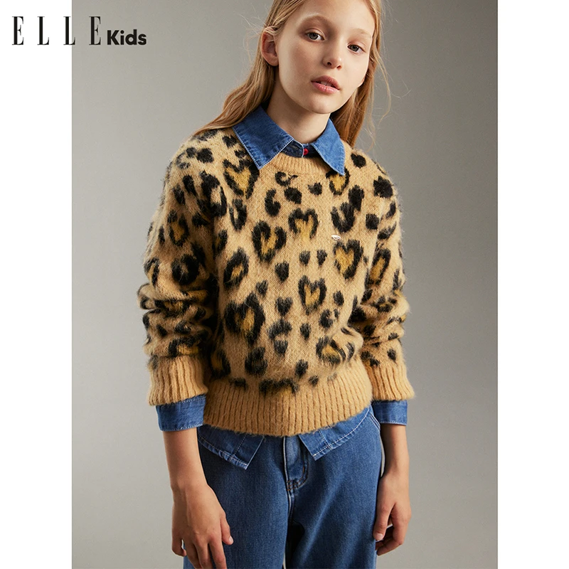 ELLE KIDS童装爱心豹纹羊毛混纺女童冬季高级感套头针织毛衣WD