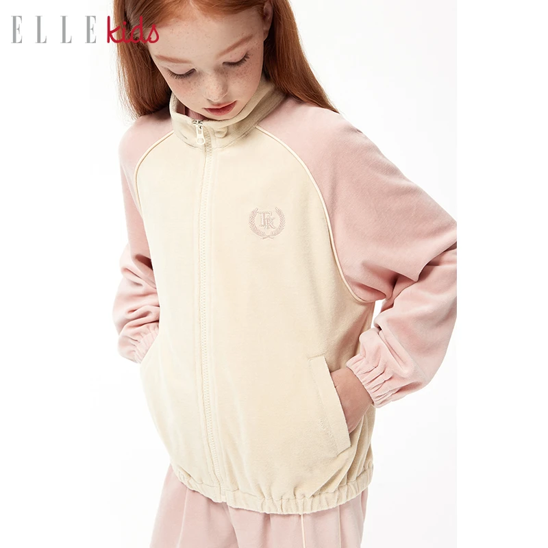 【ELLEkids】童装 法式学院风天鹅绒插肩袖刺绣拉链外套女童冬季上