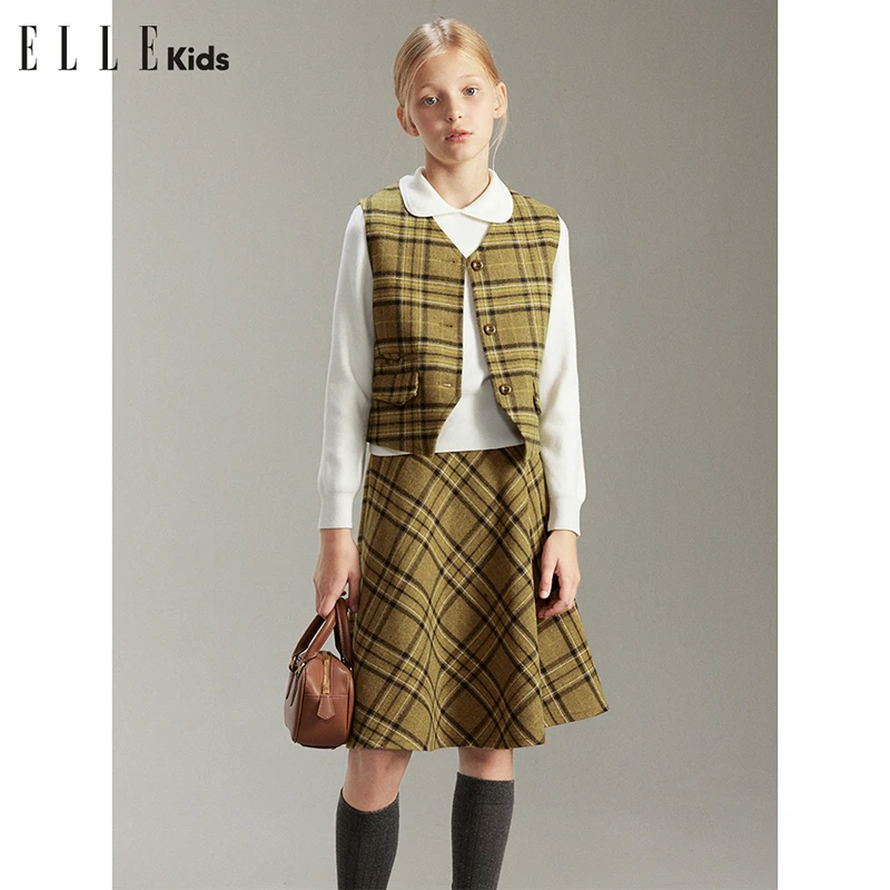 ELLE KIDS法式复古时尚小个子格纹毛呢V领马甲+A字伞裙半身裙D3