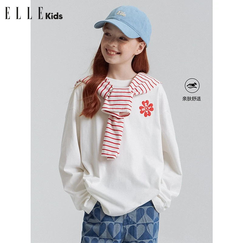 ELLE KIDS女童装春夏季休闲舒适亲肤爱心四叶草发泡印花长袖T恤Q1