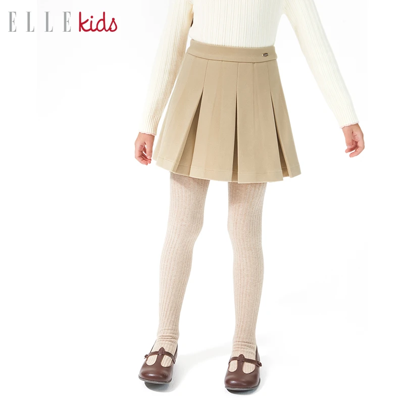 【ELLEkids】法式经典宽百褶斜纹呢料百褶半身裙女童秋冬a字短裙