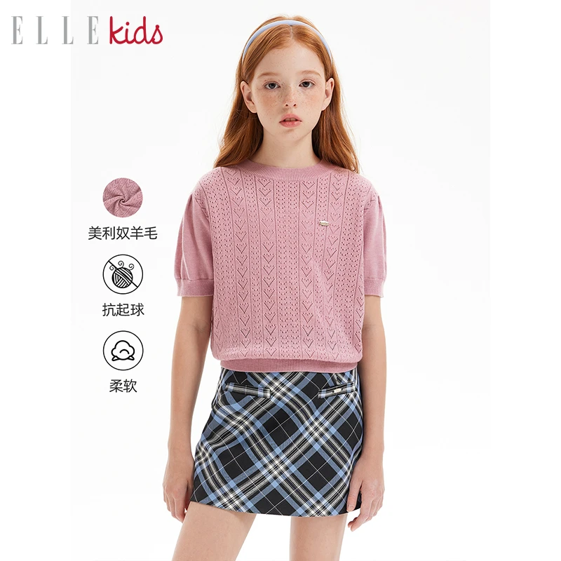 【ELLEkids】童装  爱心镂空针织短袖毛衣女童春季新款C1