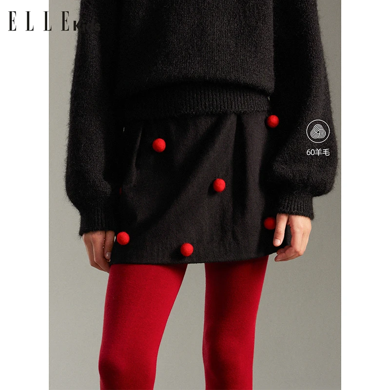 ELLEkids童装法式薄呢毛球小个子半身裙女童冬季压褶花苞短裙D5