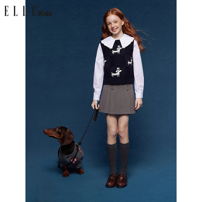 ELLE KIDS童装秋款法式学院经典腊肠狗系列羊毛混纺毛衣背心WD.