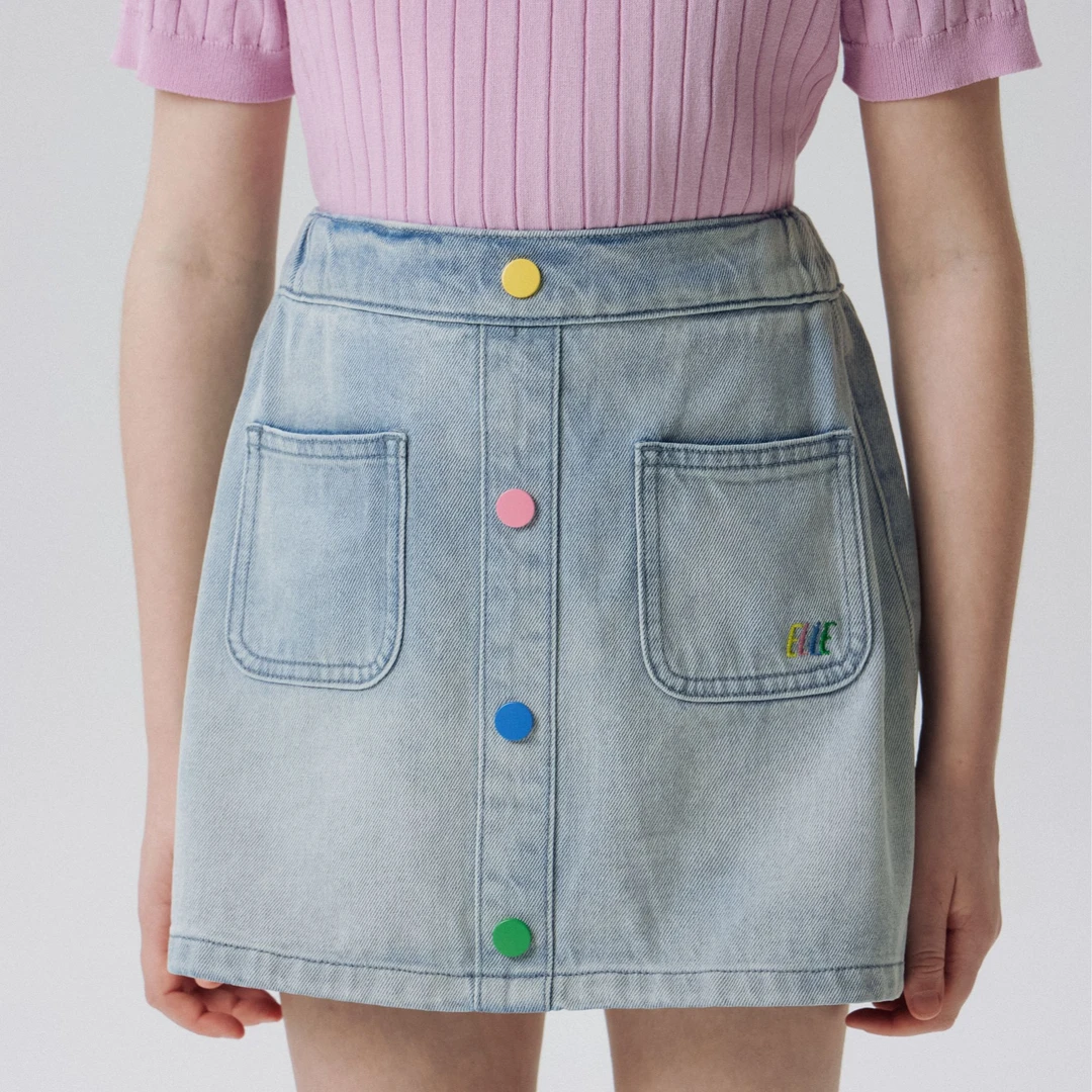 ELLE KIDS法式夏季全棉女童大童牛仔时尚甜美彩色绣花A字半裙zs3