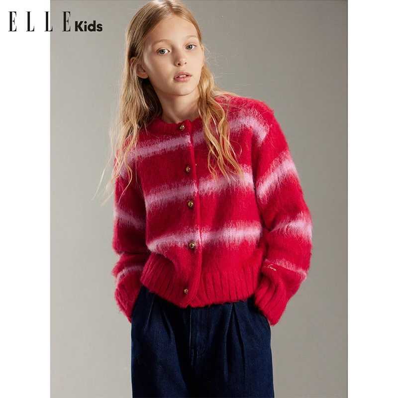 ELLE KIDS法式时髦氛围感洋气宽松红白条纹刷毛毛衣开衫WD