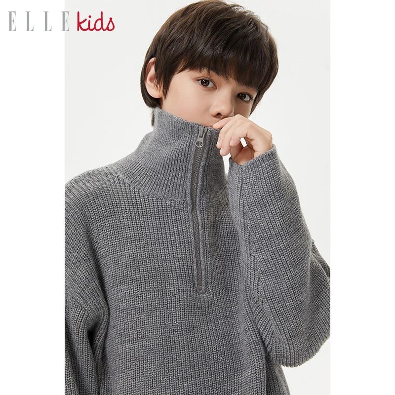 【ELLEkids】童装立领羊毛混纺半拉链毛衣男童秋季宽松百搭针织上衣