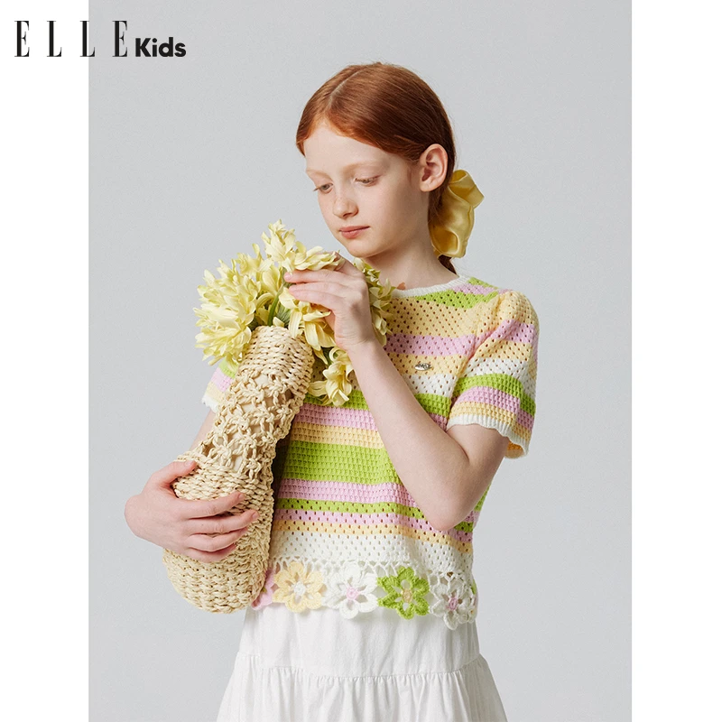 ELLE KIDS仿手工钩针花朵腈棉圆领短袖女儿童休闲夏季百搭毛衣A3