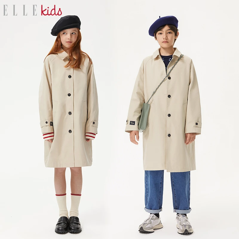 【ELLEkids】童装 插肩袖宽松长款风衣女童秋装新款英伦风百搭外套