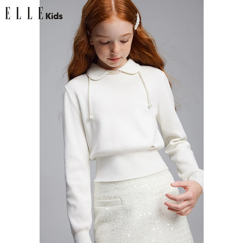 ELLE KIDS法式优雅娃娃领针织衫女童秋冬季收腰气质百搭毛衣WD.