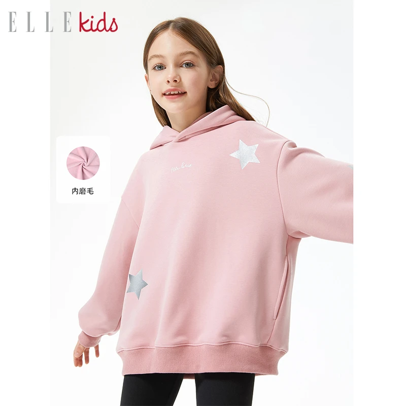【ELLEkids】童装 法式学院风烫银加绒百搭宽松连帽卫衣女童秋冬款