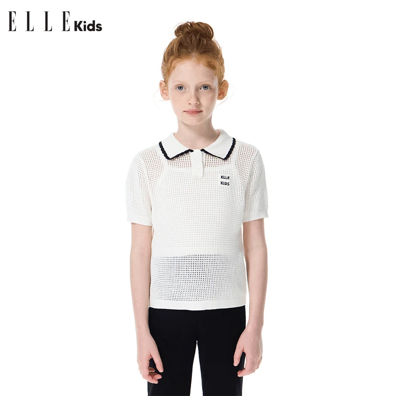 ELLE KIDS女童夏季经典休闲时尚洋气镂空翻领透气白色针织衫zs3