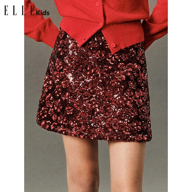 ELLE KIDS节日氛围感定制重工花朵珠片A字半裙过年节小个子D4