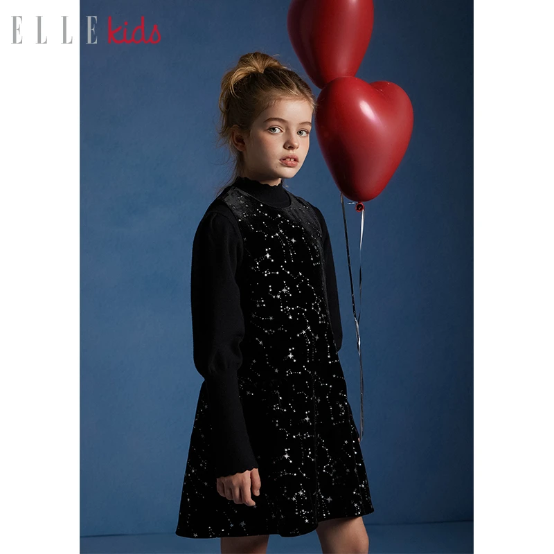 【ELLEkids】 法式经典聚会新年party圣诞丝绒星星烫银背心裙女