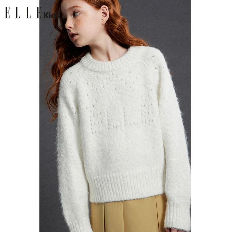 ELLE KIDS法式经典拉绒钩针针织衫女童秋冬小个子手工套头毛衣D1