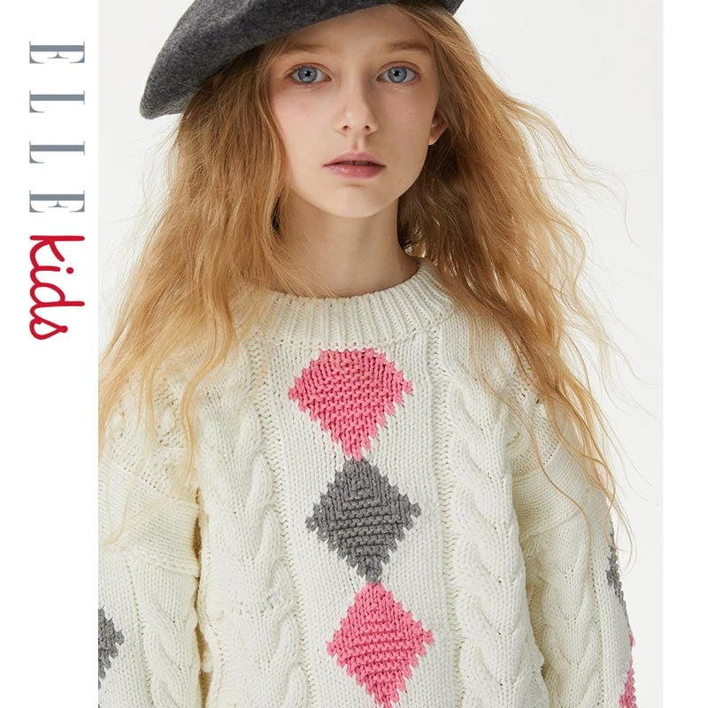 【ELLEkids】童装 百搭乖巧菱格学院风毛衣女童秋加厚外穿针织上衣