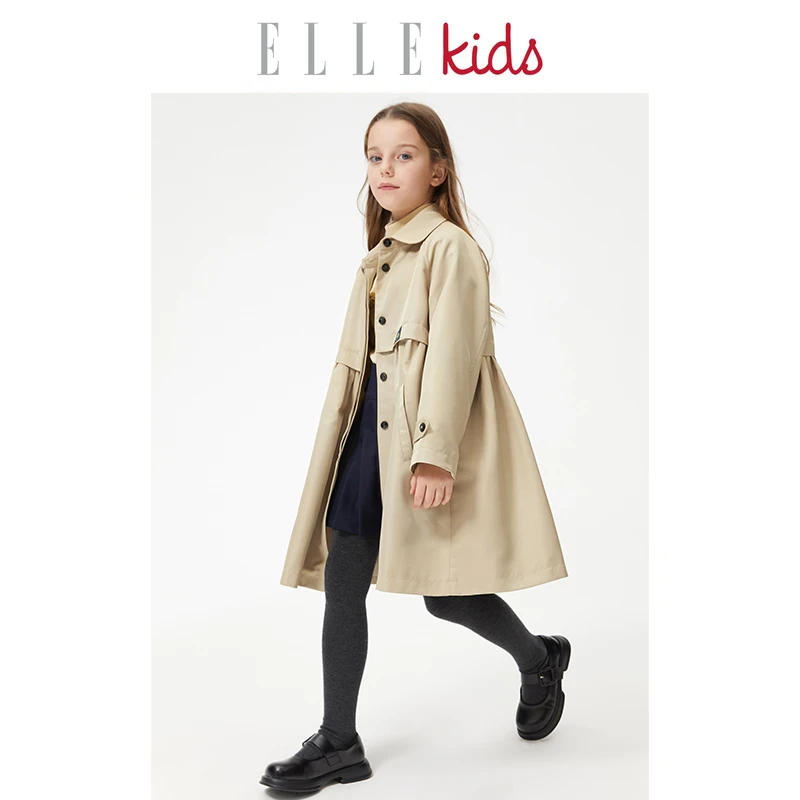 ELLEkids童装 法式优雅裙型娃娃领风衣外套女童秋季中长款上衣