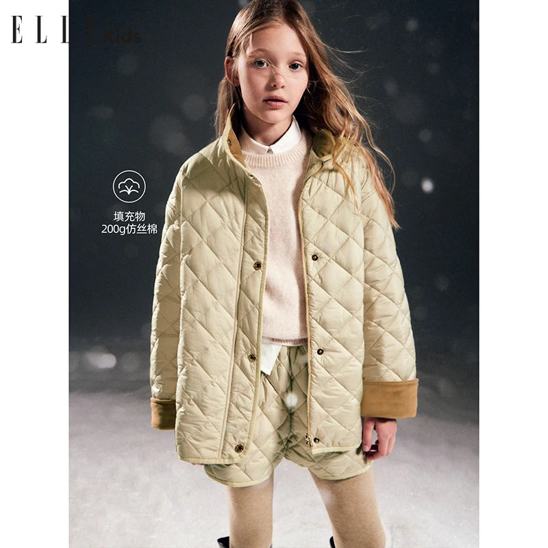 ELLEkids童装时尚可立领菱形格棉服女童冬季撞色保暖轻薄外套WD