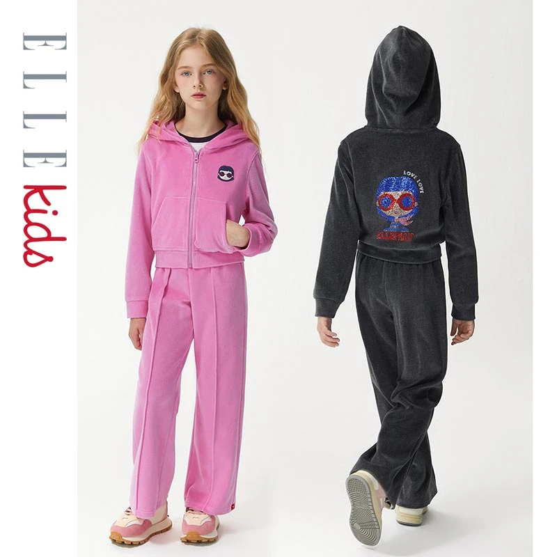 ELLEkids童装 天鹅绒柔感烫钻开衫连帽外套女童秋季新款休闲套装