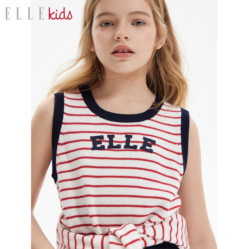 【ELLEkids】 童装  学院风条纹羊毛混纺毛衣背心女童春季新款C1