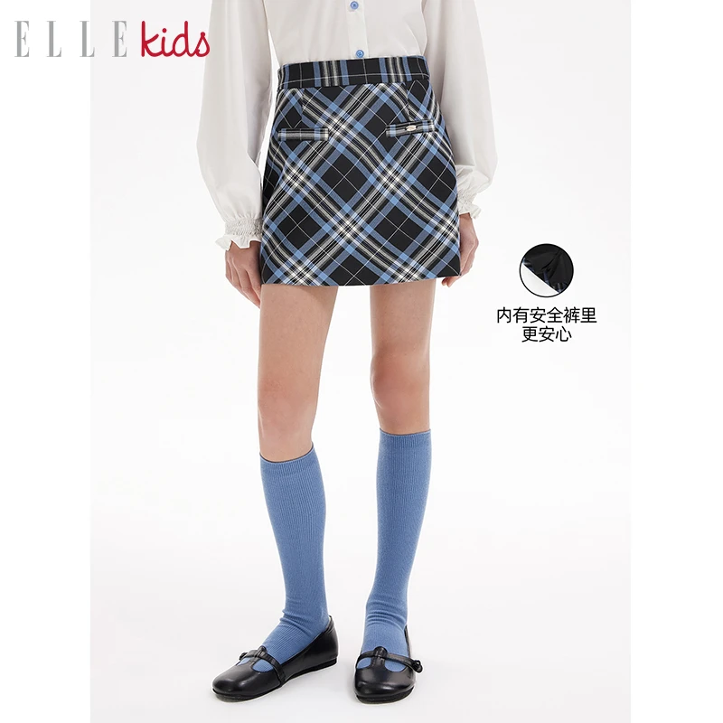 ELLEkids童装 法式经典格子半身裙女童春季新款百搭半身裙C1