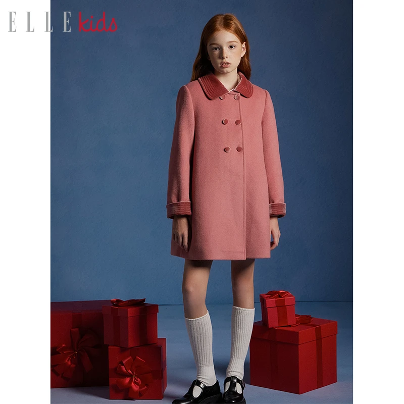 【ELLEkids】童装 法式经典50羊毛拼接丝绒领双排扣呢外套女儿童冬