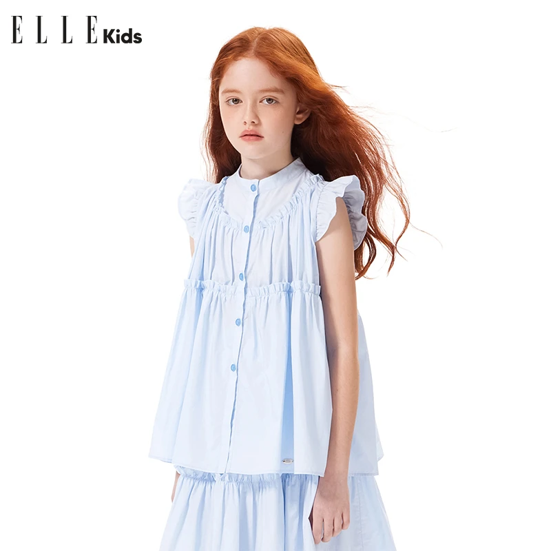 ELLE KIDS女童法式柔软舒适抗皱耐磨小飞袖木耳边休闲纯棉套装zs2