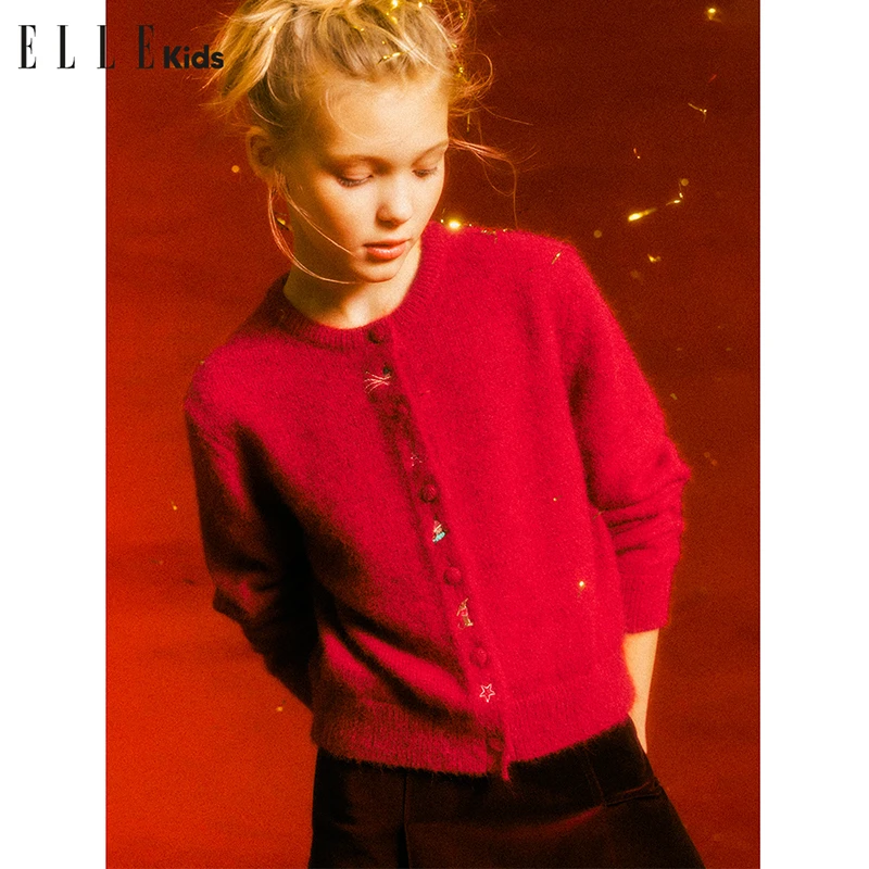 ELLEkids童装新年系列刺绣刷毛针织开衫女童冬季圆领复古红毛衣WD