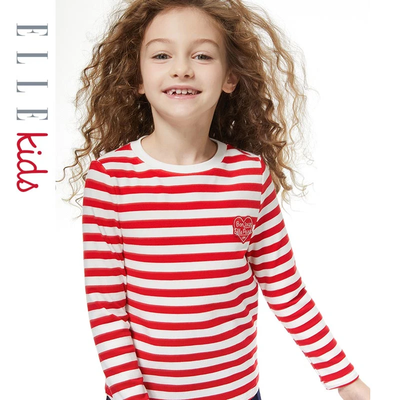 ELLEkids童装 女儿童打底T恤秋装新款天兰棉条纹绣标百搭T恤