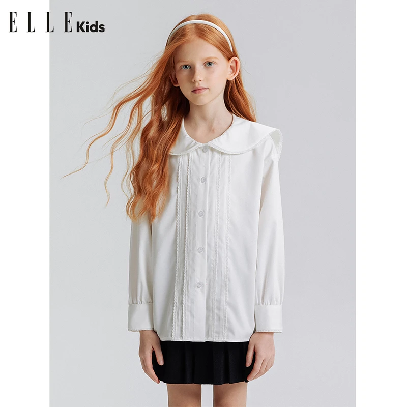ELLE KIDS童装秋季法式经典甜美可爱花边海军领长袖衬衫W1