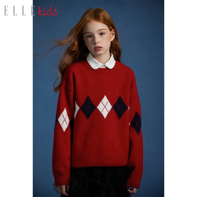 【ELLEkids】童装法式松弛圣诞新年学院风菱格百搭宽松毛衣WD