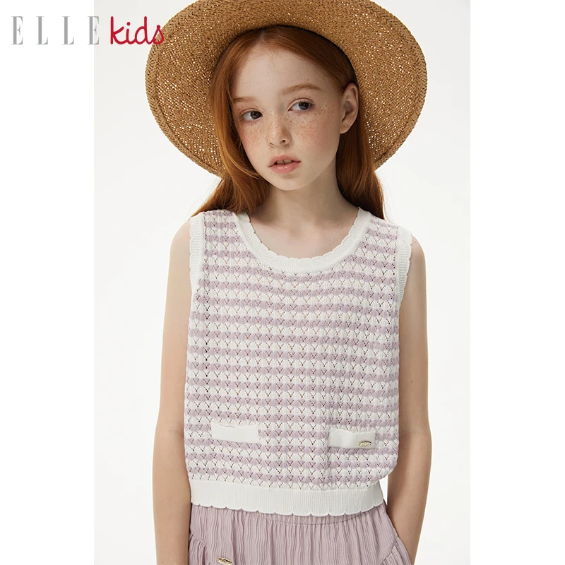 【ELLEkids】 钩花条纹背心女童夏季新款外穿无袖上衣圆领撞色马甲